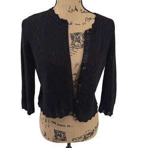 Vtg Y2K Black Crochet Knit Babydoll Cardigan Small Cropped Whimsigoth‎ Fairy 90s